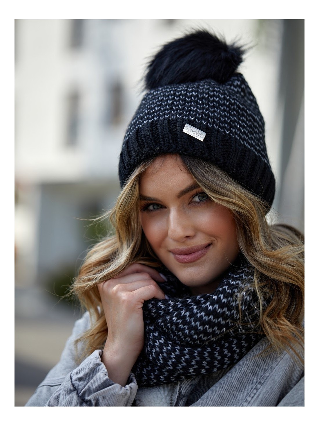 Winter hat set with herringbone neck warmer, black C45 - Online store - Boutique